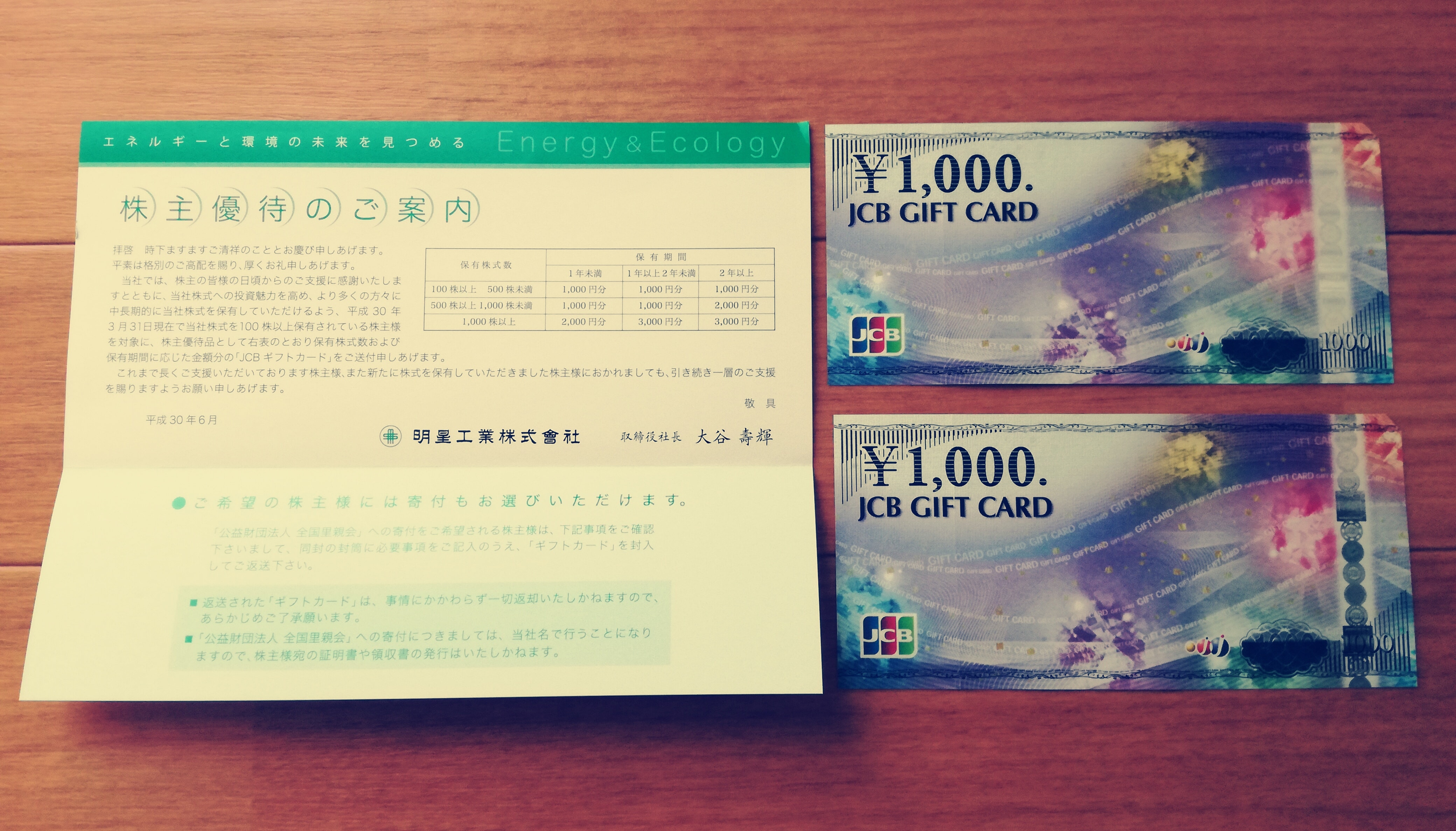 明星工業（1976）から株主優待のJCBギフトカード1,000円が2名義分到着！