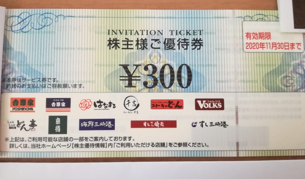 含み益16万円の吉野家ホールディングス（9861）の株主優待券到着！