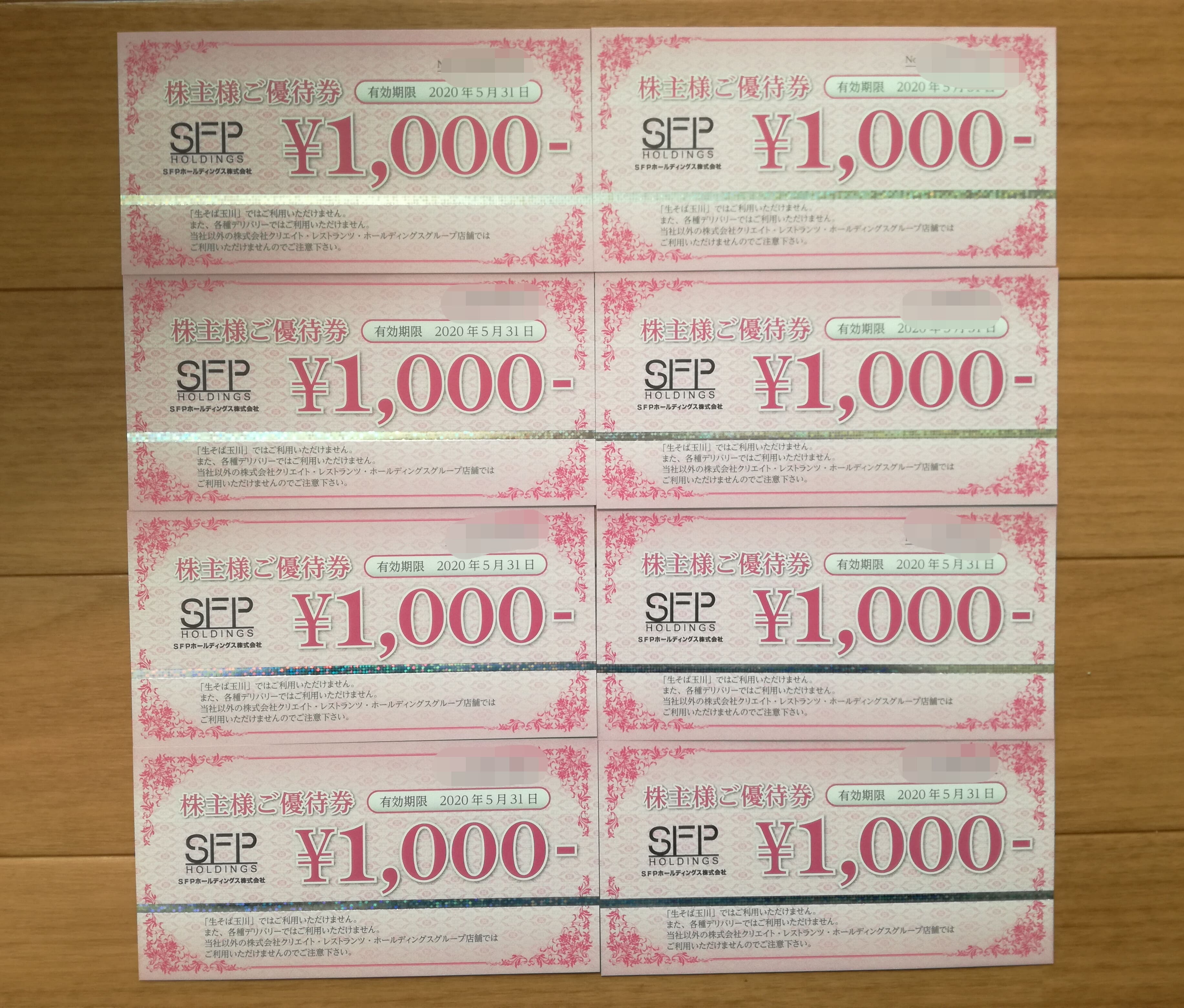 含み益8万円弱のSFPホールディングス（3198）の株主優待券が2名義で8,000円分到着！