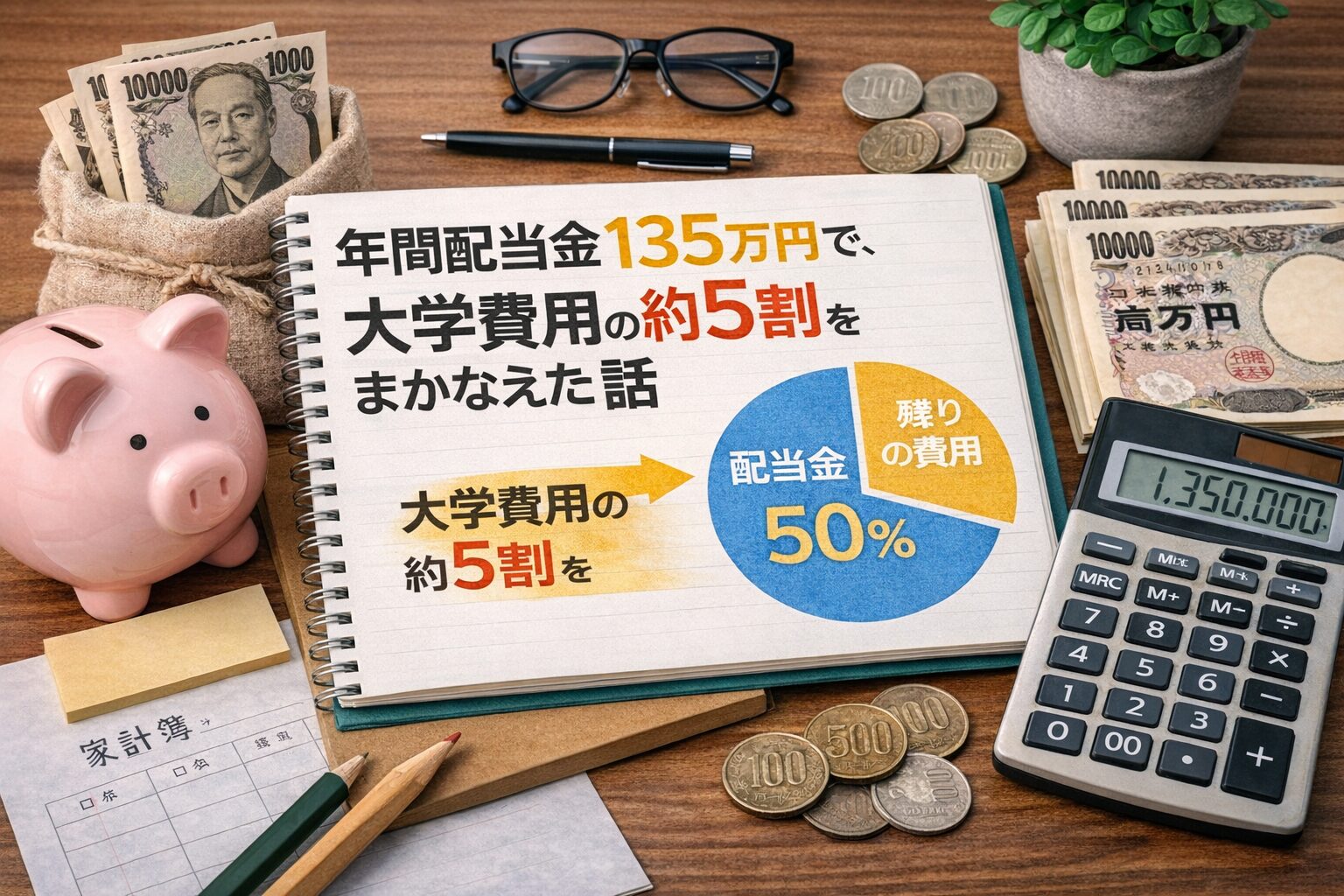 年間配当金135万円で双子の大学費用を準備するイメージ画像